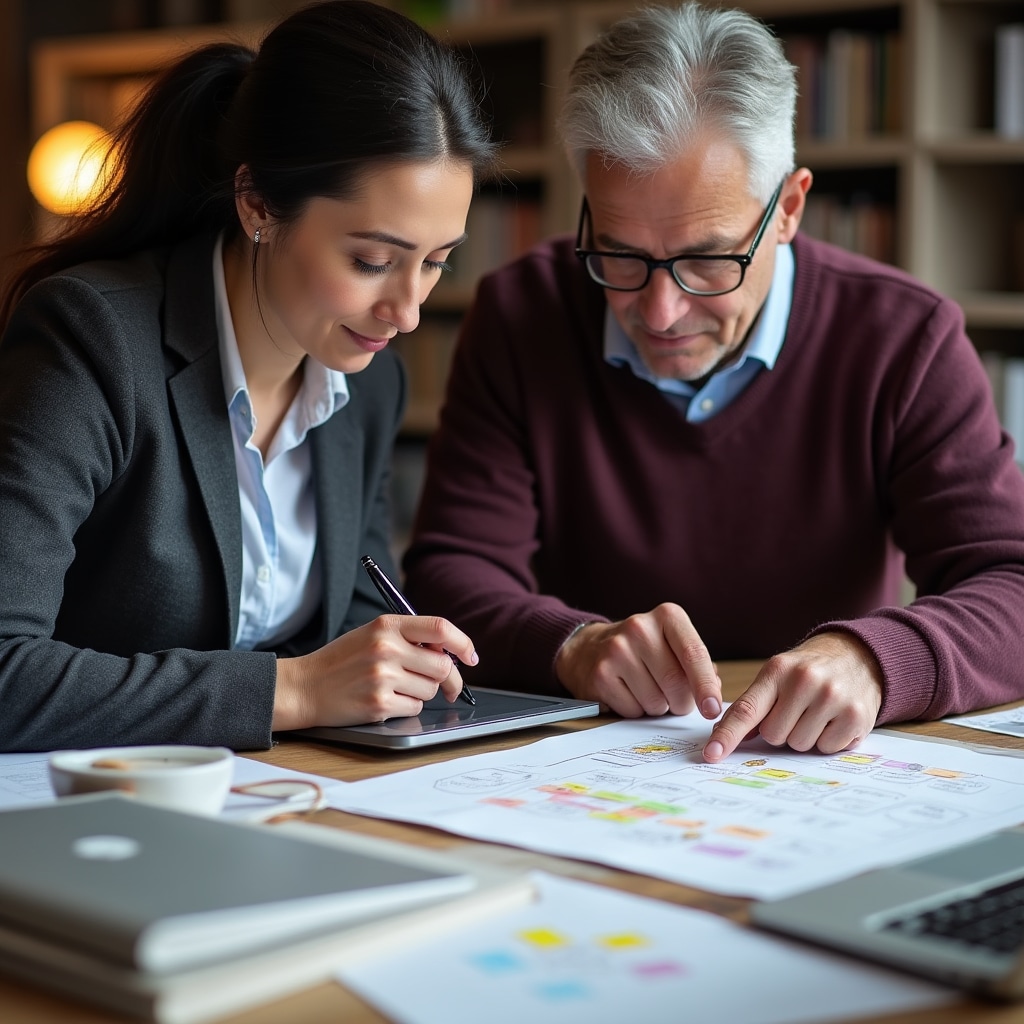 Business consultant working with family business owners on process documentation and knowledge transfer strategy in modern office setting