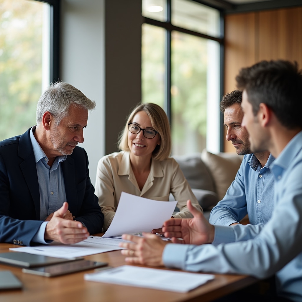 Family business owners discussing operational processes and knowledge transfer during strategic planning session