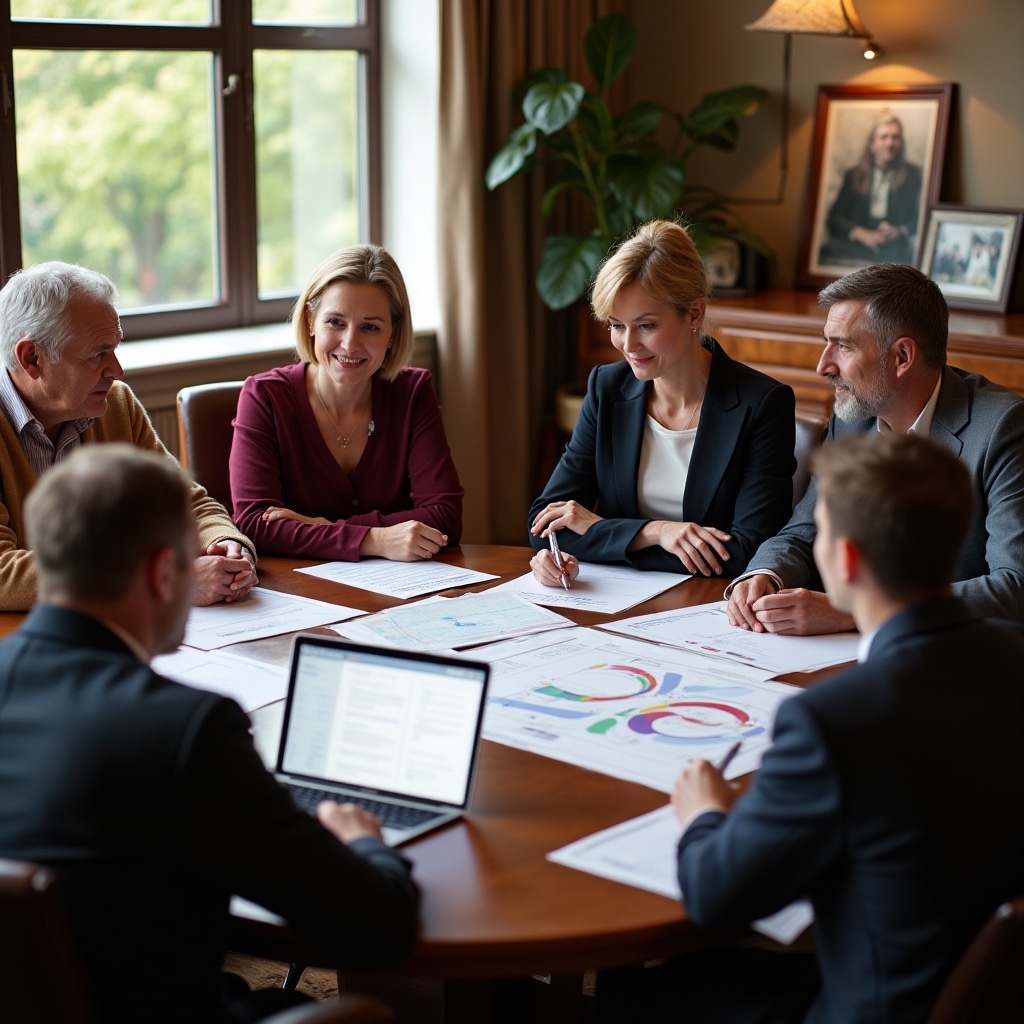 Multi-generational family business meeting with senior and junior family members collaborating on succession strategy and knowledge transfer documentation in comfortable office environment