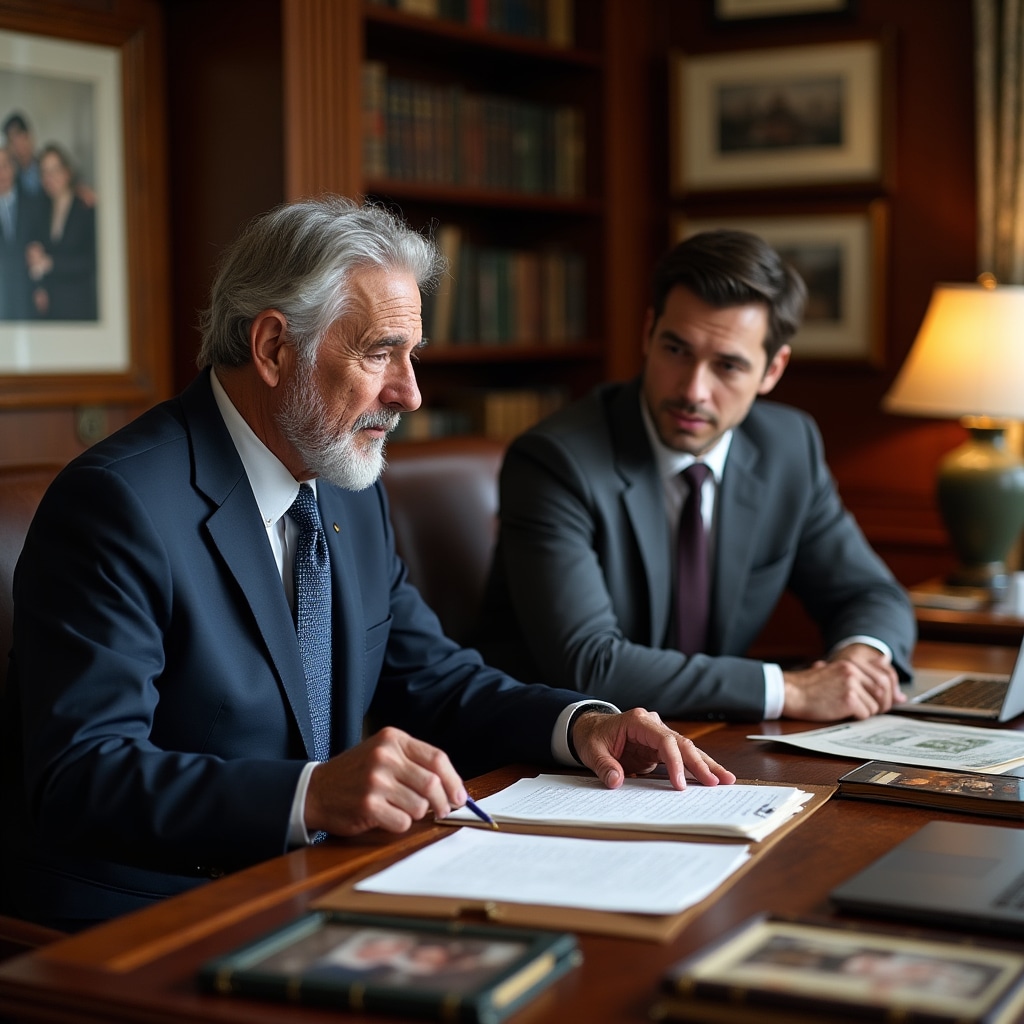 Senior business founder and younger family member reviewing business documents and discussing succession planning in family company office setting with warm professional atmosphere