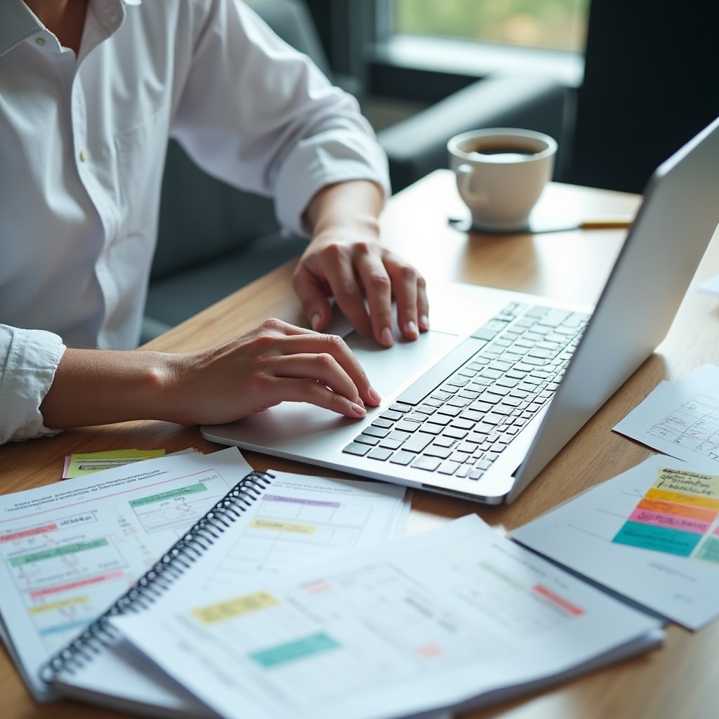 Business consultant creating detailed operational manual with process flowcharts and standard procedures documentation on laptop in professional workspace