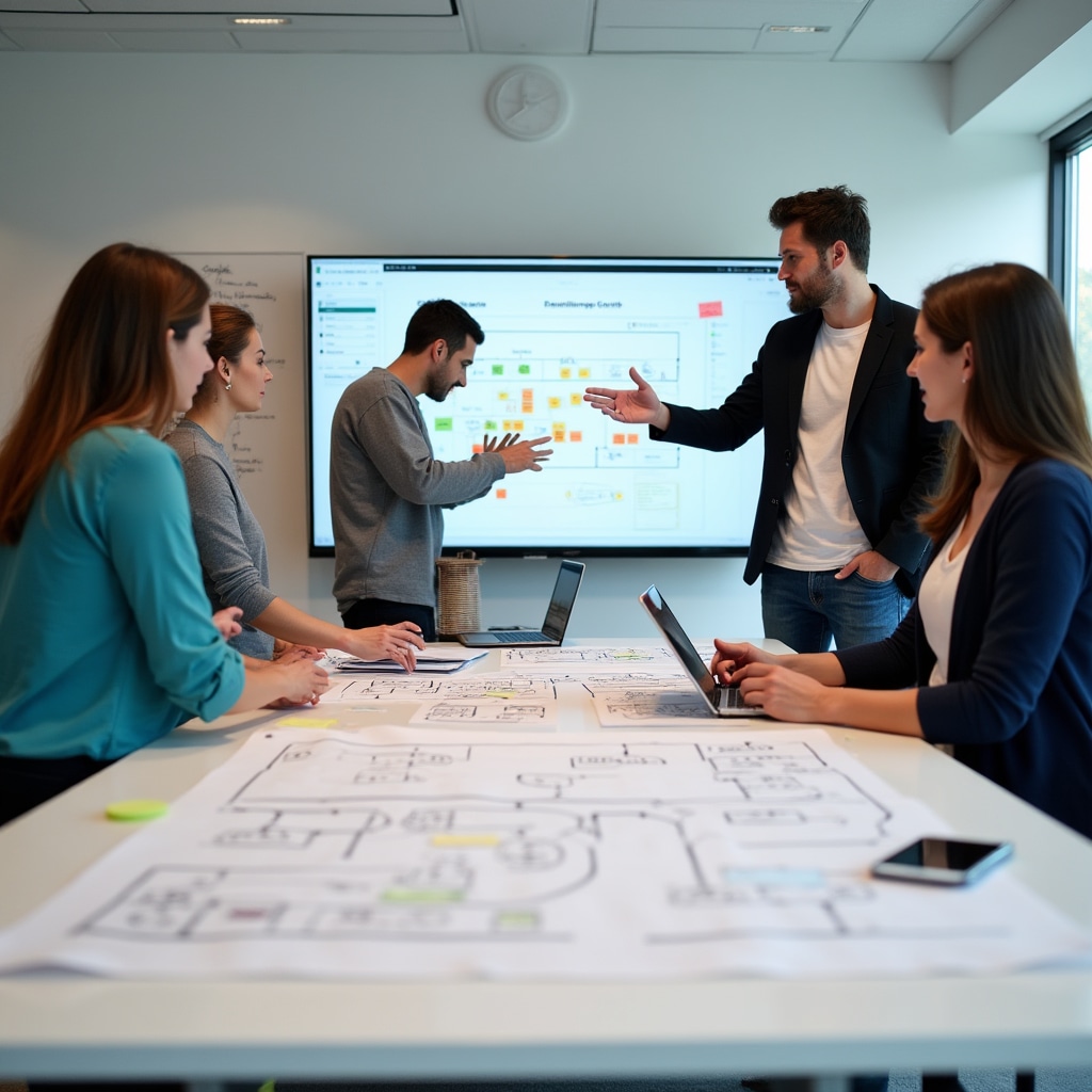 Team members collaborating on process mapping and workflow documentation during interactive workshop session with visual diagrams and charts