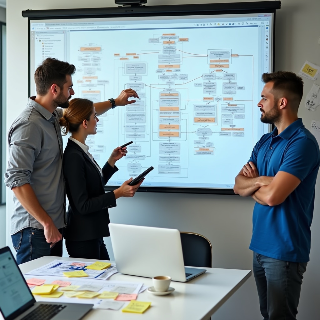 Team analyzing business workflow processes and creating process maps during collaborative systematization workshop with visual diagrams displayed on screens